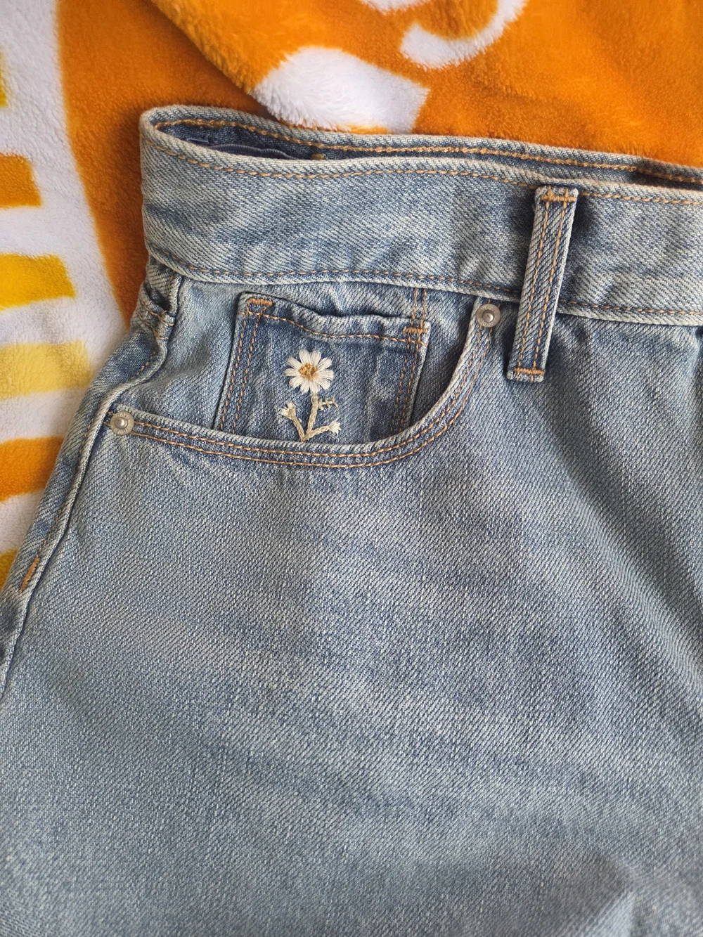 Light Blue Denim High-Rise Girls Shorts with Daisy Embroidery